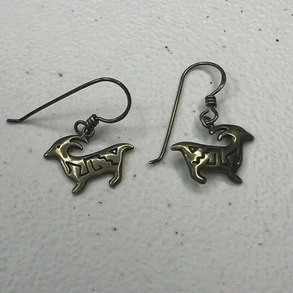 WOODS 925 Sterling Silver Signed Vintage Stamped Native Goat‎ Dangle Earrings